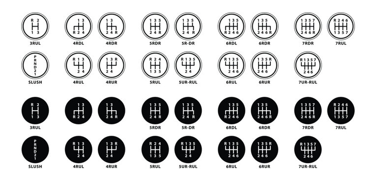 Manual gear lever. 1, 2, 3, 4, 5 and R indicate the forward gears. Car gear shifter, automotive transmission part symbol set. Car gearbox. Manual clutch knob. Car gear shifting lever. Stick shift knob