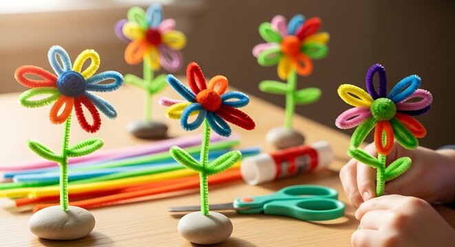 Child's hands crafting colorful pipe cleaner flowers, surrounded by vibrant art supplies, showcasing a fun and creative educational activity for kids