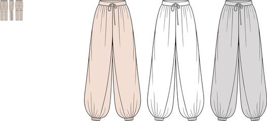 Cargo pants CAD drawing, flat vector fashion illustration with drawstring waist and elastic cuffs, beige white gray color variations