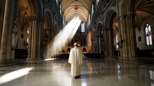 Back view of The Pope walking gracefully through the Church. Symbol of faith, reverence and hope. Blessing light shines, perfect composition, beautiful detailed , 8k photography, photorealistic , soft