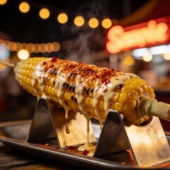 Mexican elote corn on the cob, creamy sauce and chili powder, night market bokeh, close-up, ultra realistic