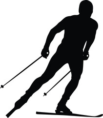 Alpine skier silhouette carving turn downhill with ski poles illustration