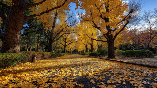 AI generator images of fallen ginkgo leaves on the ground look like a golden yellow carpet, which is very beautiful during the autumn foliage season along the ginkgo-lined avenue in the park.