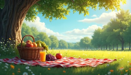 Fototapeta premium Wicker basket with fresh fruits and orange juice sit on red checkered blanket. Green grassy park with trees under sunny blue sky. Outdoor meal setup.