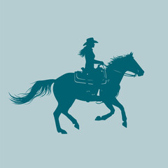 Silhouette of a cowgirl wearing a wide brimmed hat riding a galloping horse with flowing mane and tail depicted in a flat minimalist graphic style with a teal color palette © Ab