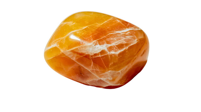 Polished Orange Calcite tumbled stone isolated, bright orange mineral with white banding, sacral chakra crystal, creativity booster, energy stone.