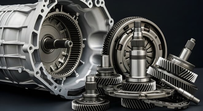 Automotive transmission gearbox and various metal gears, shafts, and bearings on a dark background, mechanical engineering parts