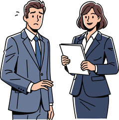Businesswoman presenting document to businessman in formal suit, office meeting, corporate communication, professional teamwork, workplace discussion, business negotiation