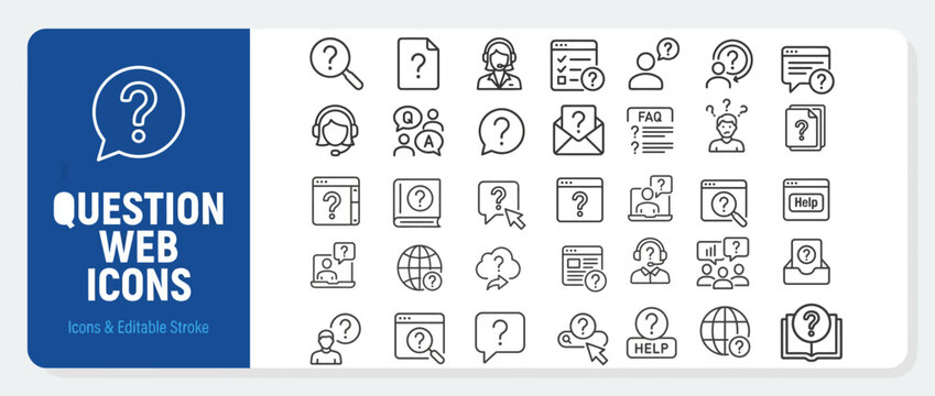  Question web icons in line style. Question mark, insecure person, confused, quiz question, collection. Editable stroke. Vector illustration. 