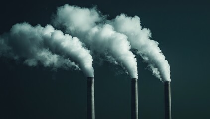 Photo of three smokestacks emitting white clouds of steam, against a dark background, in close-up.