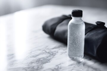outdoor adventure gear, neat hiking setup rolled lightweight backpack strap and a water bottle with condensation on a white marble surface, softly illuminated