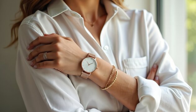 Woman wears white shirt with watch and bracelets. Closeup on female hand showing gold jewelry and timepiece. Elegant lady shows accessory collection with simple design.