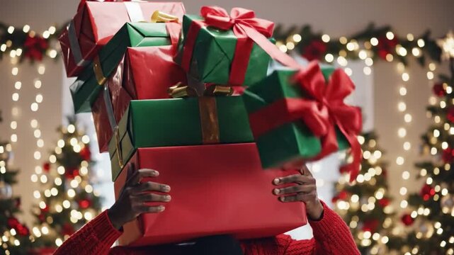 Holiday Gifts Galore: A person holds a towering stack of vibrantly wrapped presents amidst festive holiday decor, embodying the joy of gift-giving and seasonal cheer.