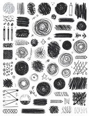 Scribbles and shapes. Hand-drawn collection of rough artistic sketches on white