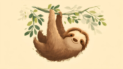 Obraz premium Happy sloth hanging from tree branch enjoying nature