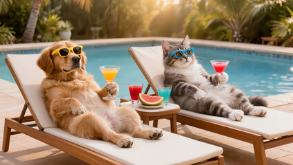 Naklejka premium Funny cat and dog in sunglasses relaxing on sun loungers by pool with colorful cocktails, humorous tropical summer vacation concept