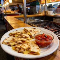 Quesadilla slices with salsa dip, street food stall background, warm glowing lights, realistic textures, no text