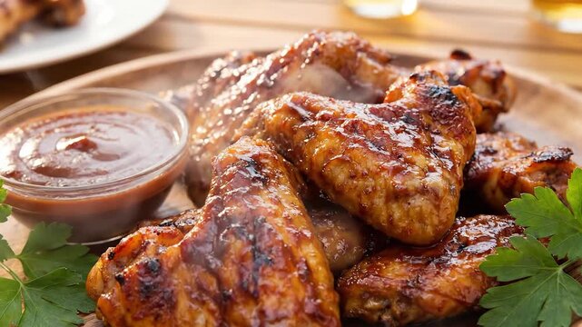Delicious BBQ Chicken Wings with Dipping Sauce and Garnish.
