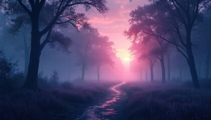 Misty forest path at twilight sunset. Pink purple sky glows through trees. Wet ground reflects light. Serene nature scene. Calm quiet wilderness.