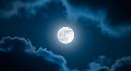 Obraz premium Full Moon Shining Through Dark Clouds at Night, Ethereal Glow, Celestial Photography, Mystical Atmosphere, Space and Cosmos