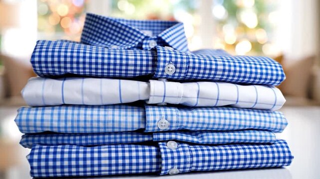 Stacked Shirts: A neatly arranged stack of stylish shirts showcases a variety of patterns, evoking a sense of modern elegance and practicality. 
