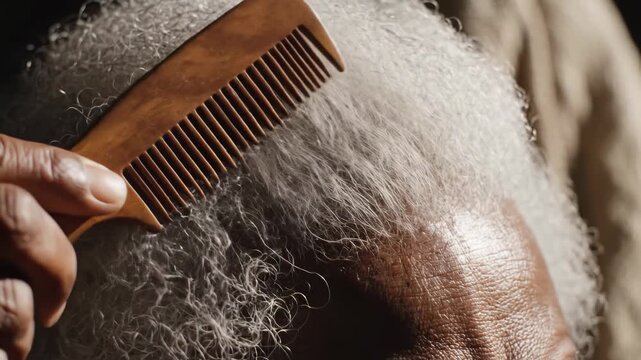Combing gray hair with a wooden comb, close-up shot.