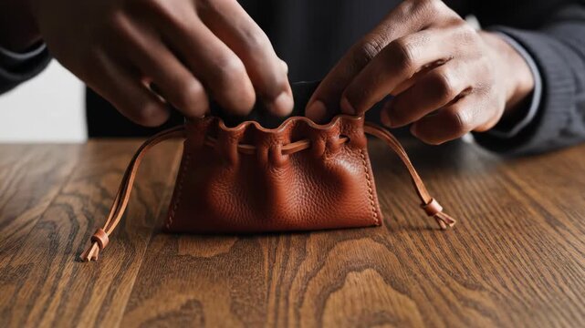 Close-up of hands closing a leather drawstring pouch on a wooden table.