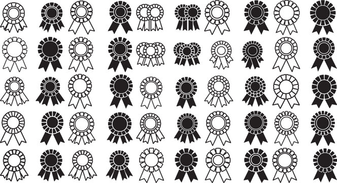 Collection of various black and white rosette award ribbons on white background