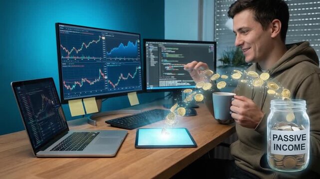 Young programmer ai creator economy passive income laptop tablet monitors coding stock charts smiling golden coins flow into jar programmer multiple