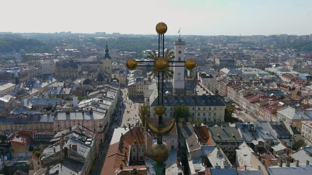 Aerial Panoramic Video Drone Footage. Old city center in Europe. Catholic And Ortodox Church In Summer. Eastern Europe. Lviv