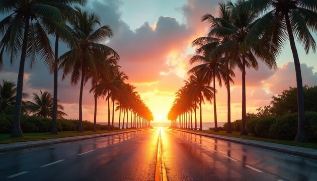 Asphalt road flanked by tall palm trees leads toward bright ocean sunset. Water reflects warm light on wet pavement. Lush green foliage borders path.
