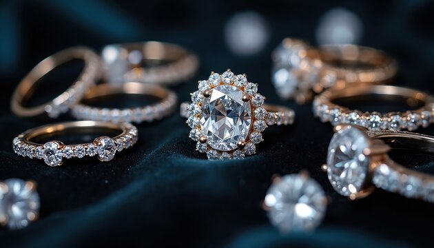 Collection of luxurious diamond rings arranged on dark velvet surface. Featuring various styles of engagement wedding bands and statement jewelry pieces glistening with sparkle.