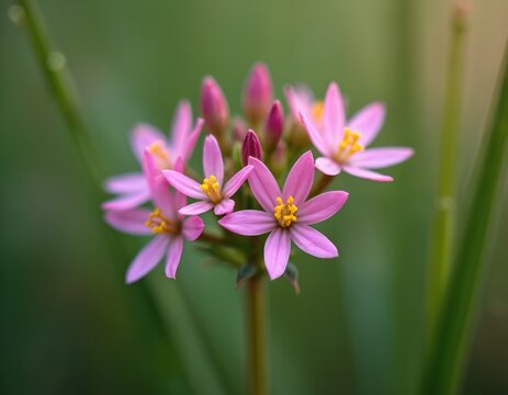 Small pink centaury flowers bloom on green stems. Delicate petals with yellow centers open in nature. Soft focus background highlights delicate floral detail. Freshness in garden.