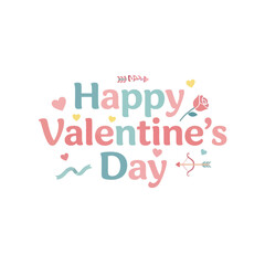 Happy Valentine's Day text in pastel colors with cute hearts, flowers, and cupid's arrow