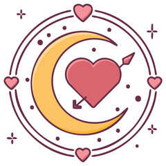 Celestial crescent moon and heart pierced by arrow romantic magical design