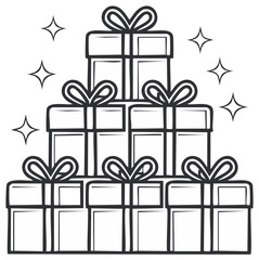 Stacked outline gifts with ribbon bows and twinkling stars