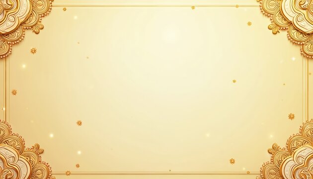 Ornate gold Indian patterns frame warm yellow background. Small sparkling stars dot clean central space. Decorative border design with traditional ethnic motifs, ideal for festive invitations ethnic