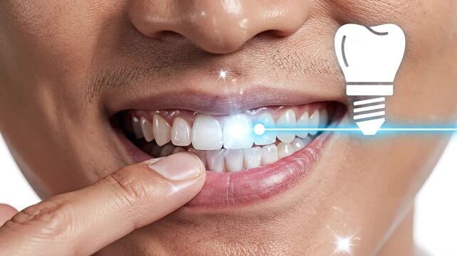 Dental Precision: A close-up view of a person smiling, with a glowing illustration of a tooth, highlighting the advancements in dental health, showing healthy teeth, oral hygiene.