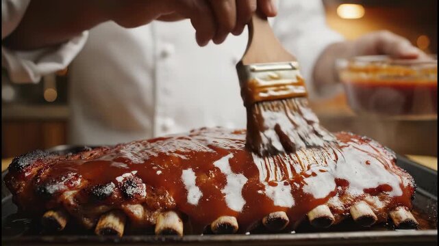 Chef Brushing BBQ Sauce on Delicious Ribs for a Mouthwatering Meal.