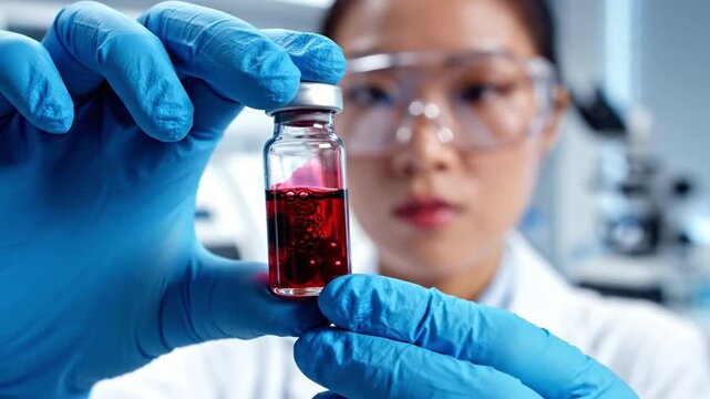 Scientist Examining Liquid Sample: A focused scientist in a lab coat, scrutinizes a vial of red liquid with scientific precision, highlighting the essence of discovery and exploration.