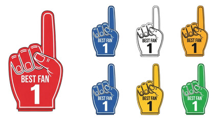 Collection of colorful foam fingers for sports fans, representing enthusiasm and team spirit, displayed together on a plain surface © Stock Image Paradise