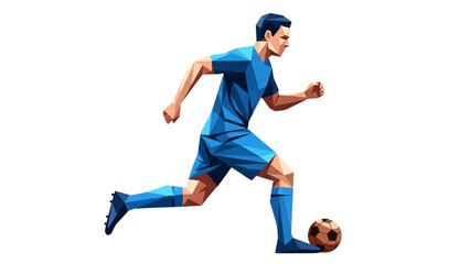Fototapeta premium A male soccer player in blue uniform kicks a ball with dynamic motion captured from a side viewpoint
