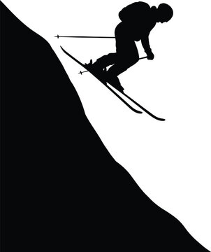 Extreme skier silhouette jumping off cliff on mountain slope illustration