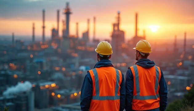 Two engineers in hard hats, vests look over industrial plant at sunset. Observe complex infrastructure, energy production, discussing future development, safety. Teamwork fosters responsible growth,