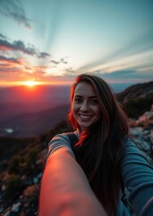 Fototapeta premium Woman taking selfie in nature on mountian with sunset in backgro vibrant modern cocktail drink bar garnish colorful rim stylish
