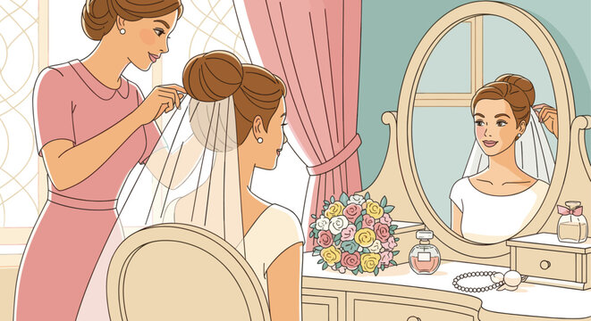 Cartoon illustration of a bride getting ready, with a bridesmaid adjusting her veil. Soft colors and a warm, happy mood suitable for wedding-themed designs.
