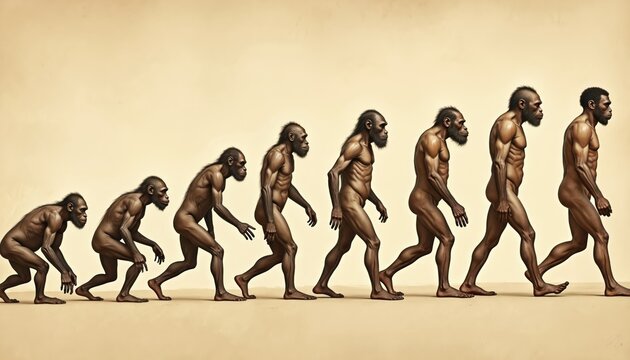 Illustration shows human evolution from ape-like ancestors to modern man. Early hominids walk upright transitioning to Homo sapiens. Science visualizes species development over time.