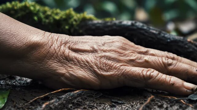 Close-up of an old hand resting on a tree branch in nature.