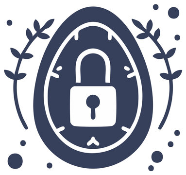 Stylized egg shape with padlock icon surrounded by decorative leaves and security concept illustration