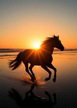 Silhouette of a horse running on a reflective beach backlit by the golden sunset creating a wild and free-spirited mood vibrant modern cocktail drink bar garnish colorful rim stylish